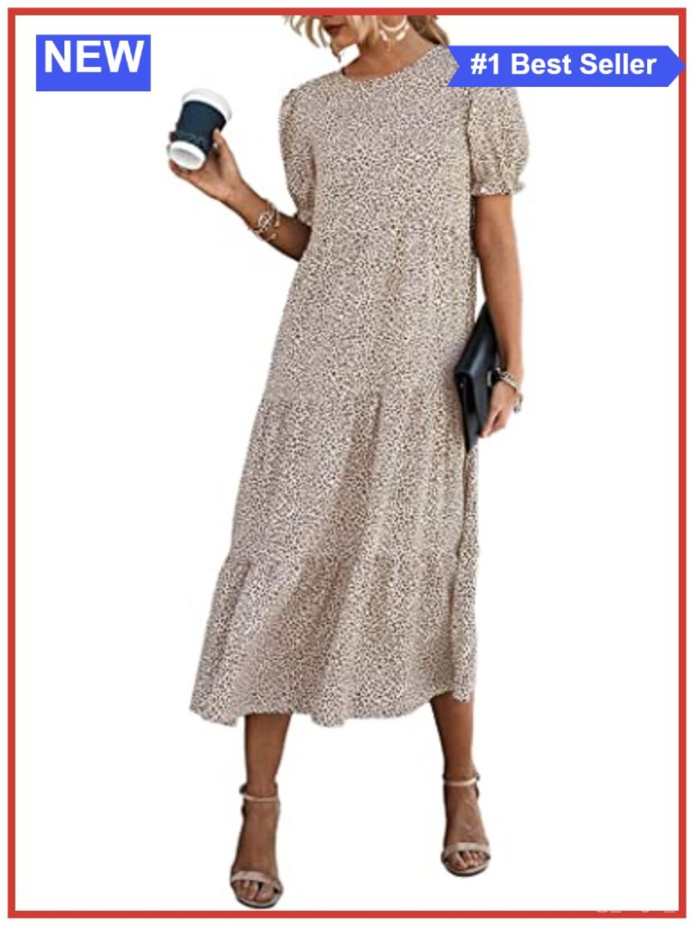 Bohemian Floral Print Puff Sleeve Midi Dress, Flowy A-Line